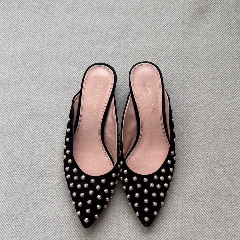 kate spade Black Pearl-Studded Pointed Slip-On Mules